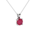Close-up details of a round raspberry red gemstone secured in a white gold surprise diamond pendant.