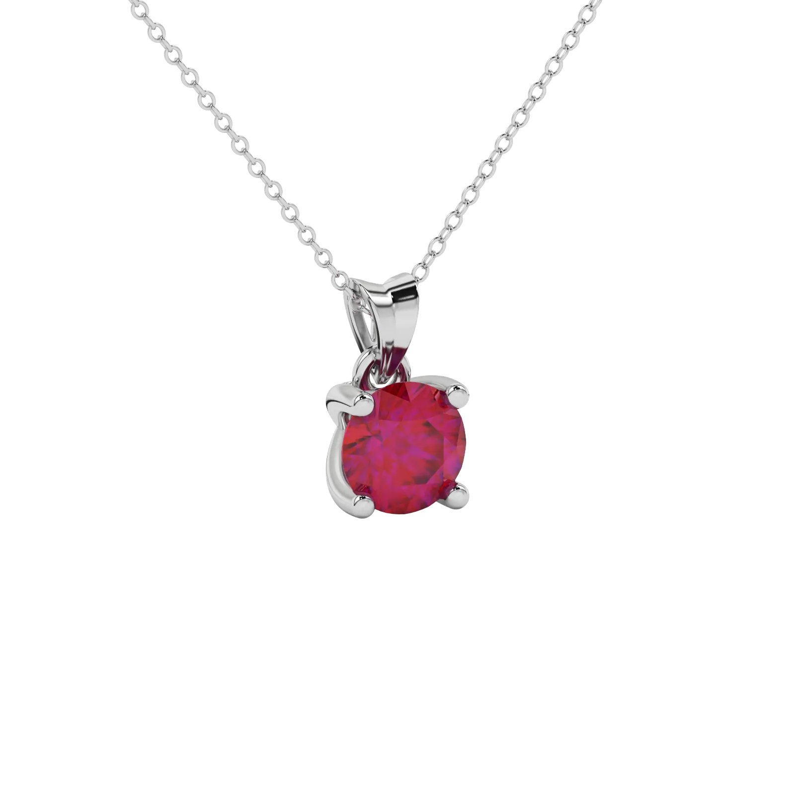 Close-up details of a round raspberry red gemstone secured in a white gold surprise diamond pendant.