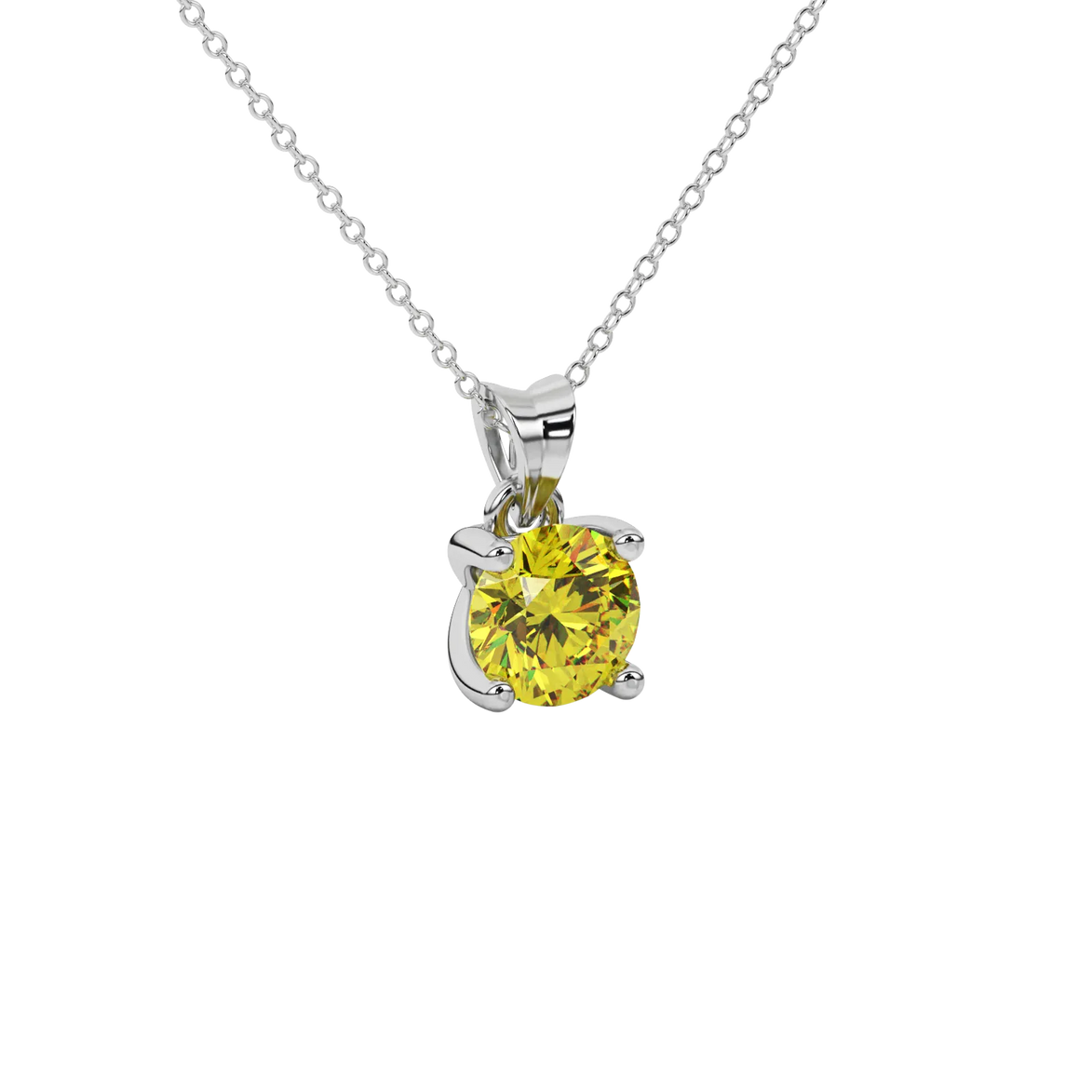 Close-up shot of a round-cut canary yellow gemstone in a white gold surprise diamond pendant setting.