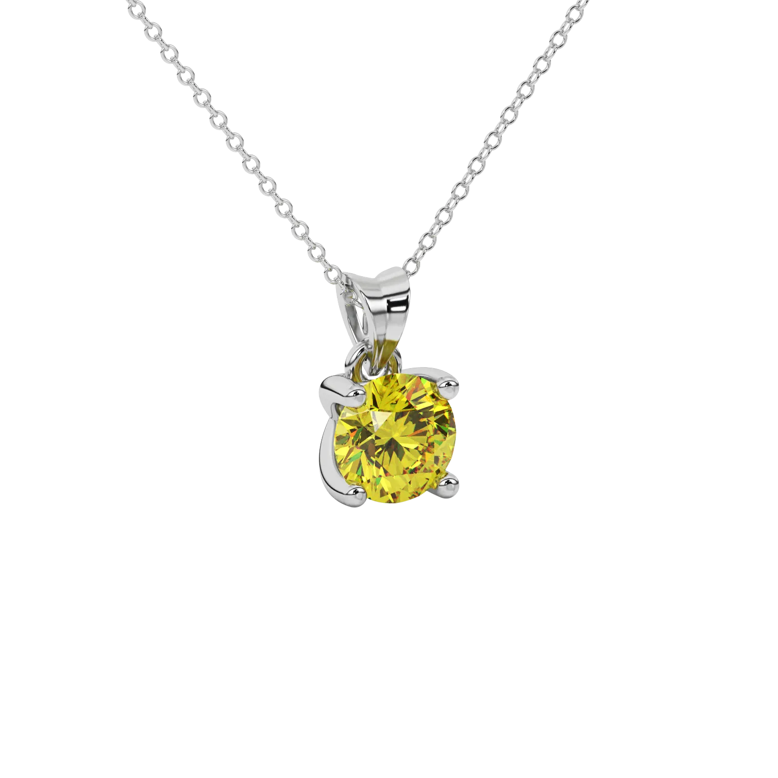 Close-up shot of a round-cut canary yellow gemstone in a white gold surprise diamond pendant setting.