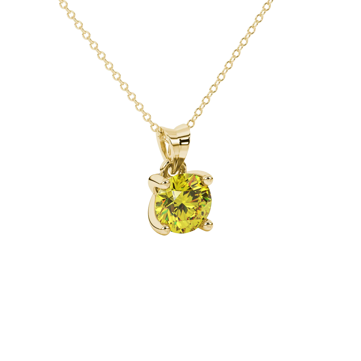 close-up of a round canary yellow gemstone secured in a yellow gold surprise diamond pendant.