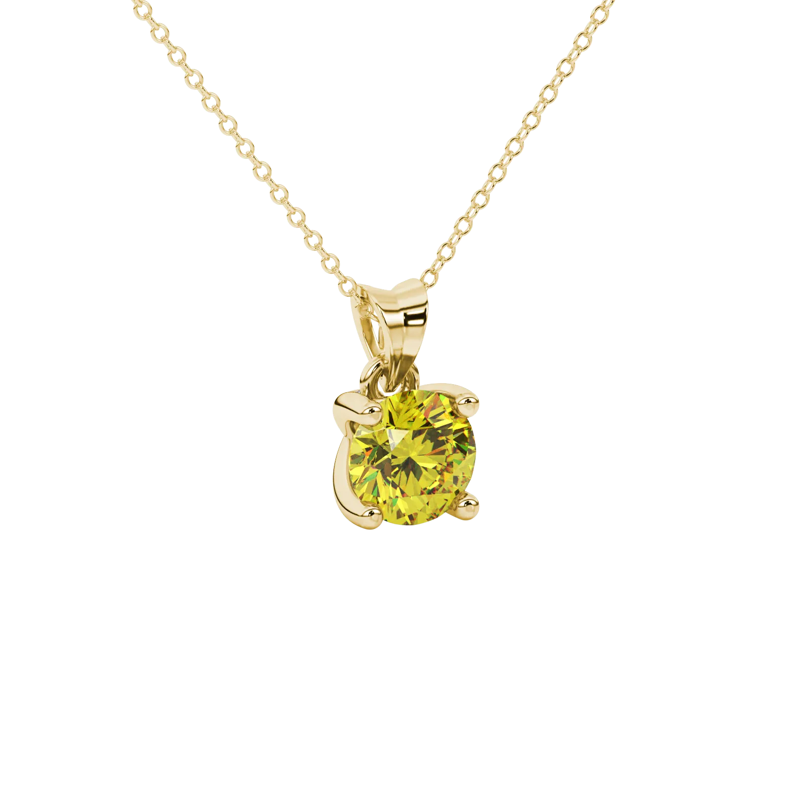 close-up of a round canary yellow gemstone secured in a yellow gold surprise diamond pendant.