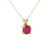 close-up of a round-cut raspberry red gemstone surrounded by a yellow gold surprise diamond pendant.