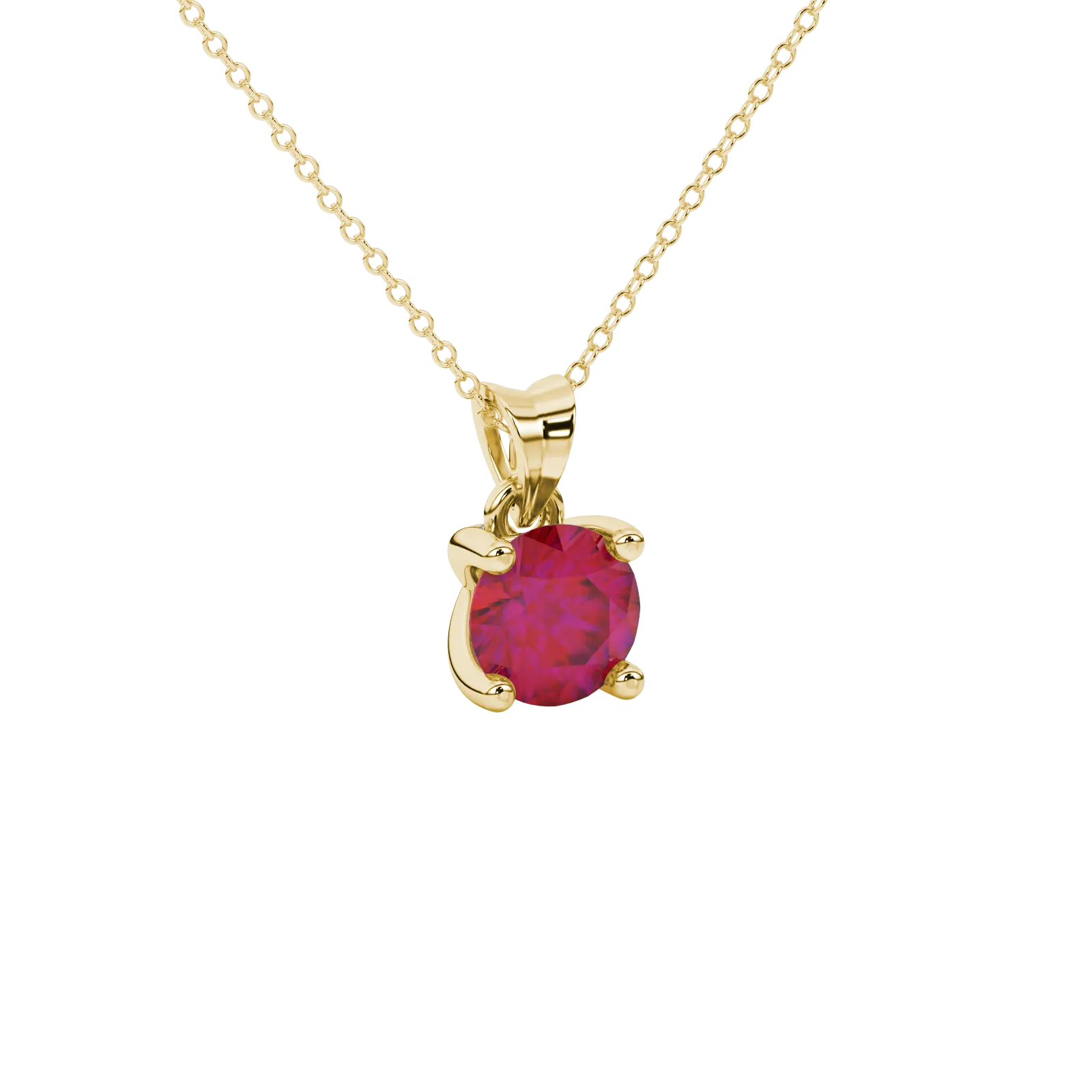 close-up of a round-cut raspberry red gemstone surrounded by a yellow gold surprise diamond pendant.