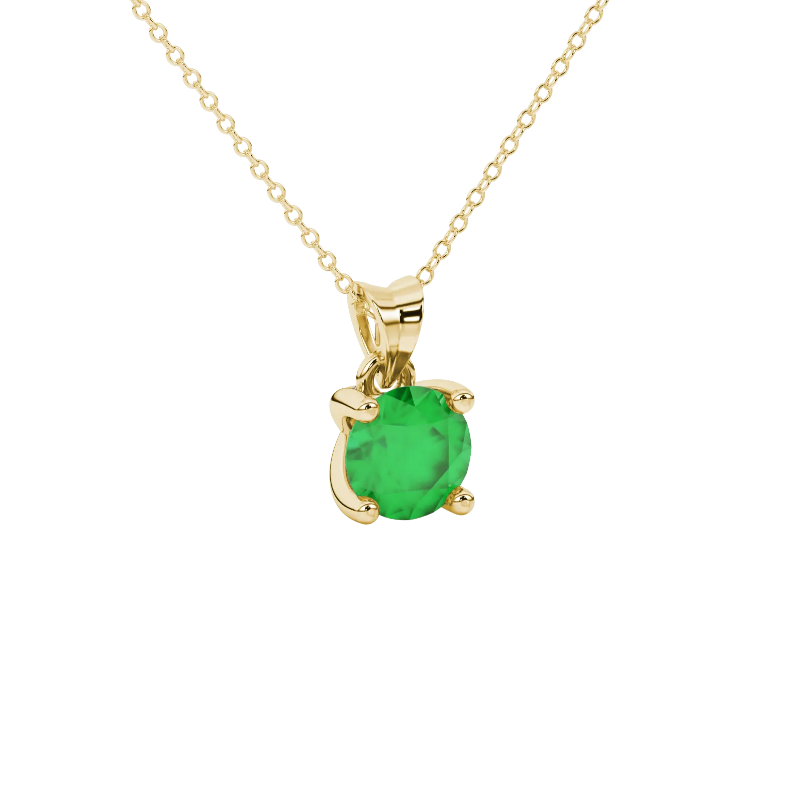 Close-up details of a round-cut emerald green gemstone in a yellow gold surprise diamond pendant.