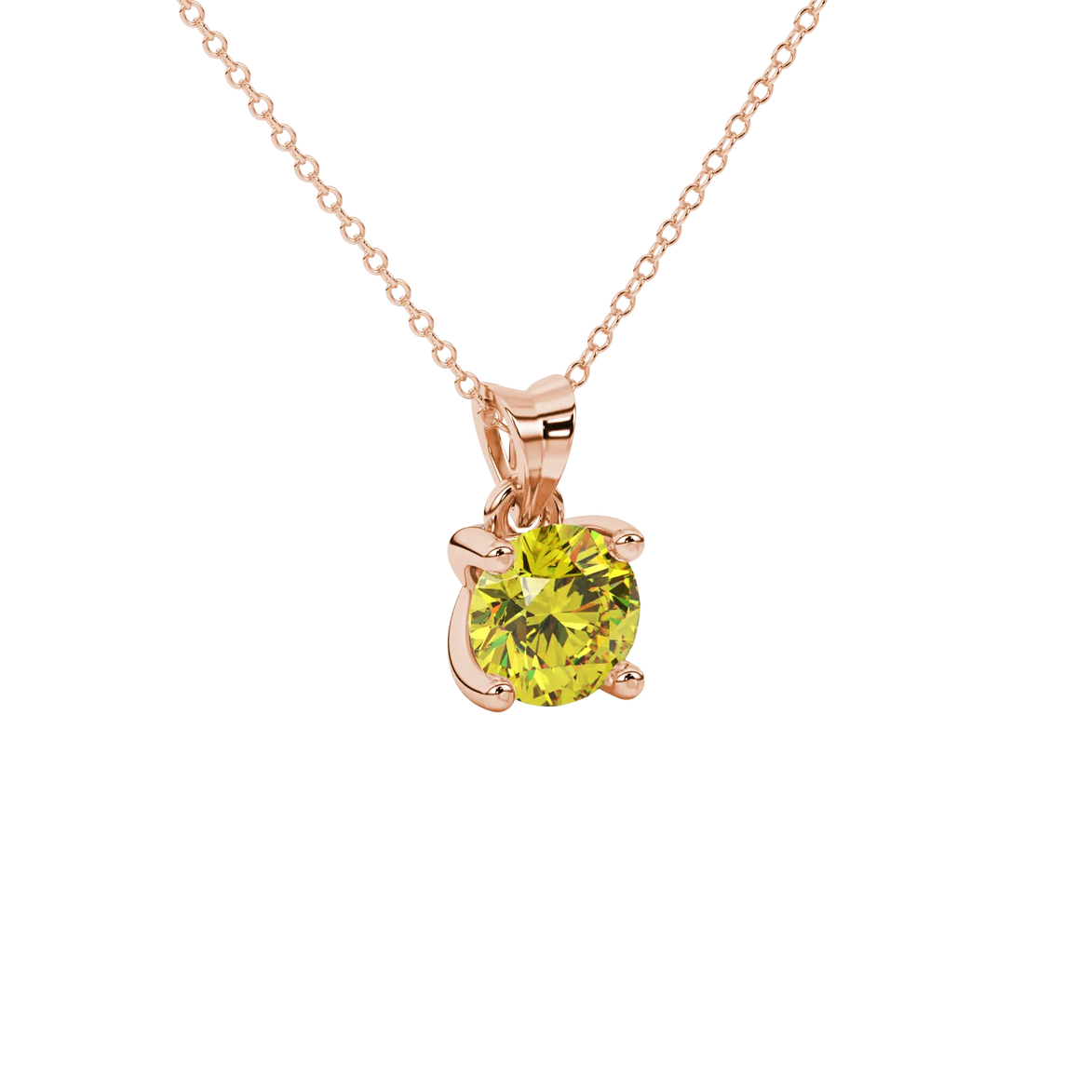 close-up of a round canary yellow gemstone pendant with an intricate rose gold surprise diamond setting.