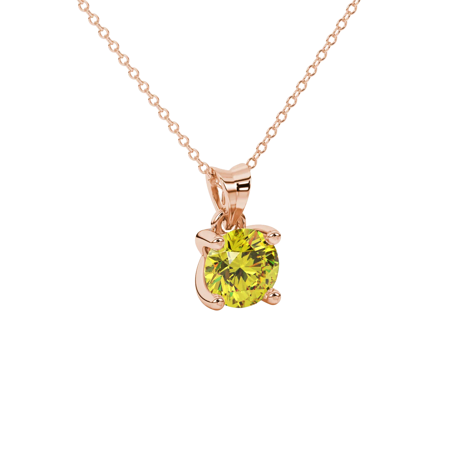 close-up of a round canary yellow gemstone pendant with an intricate rose gold surprise diamond setting.