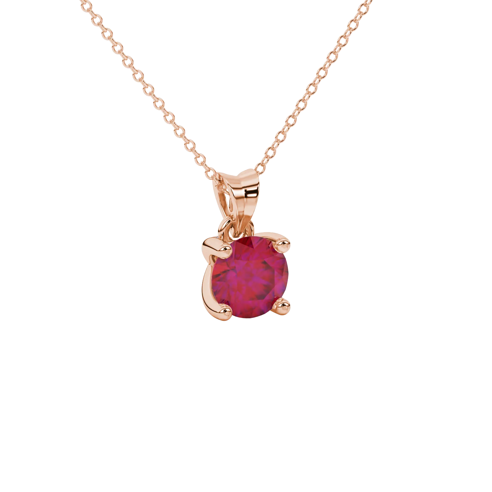 close-up shot of a round raspberry red gemstone pendant with a rose gold surprise diamond setting design.