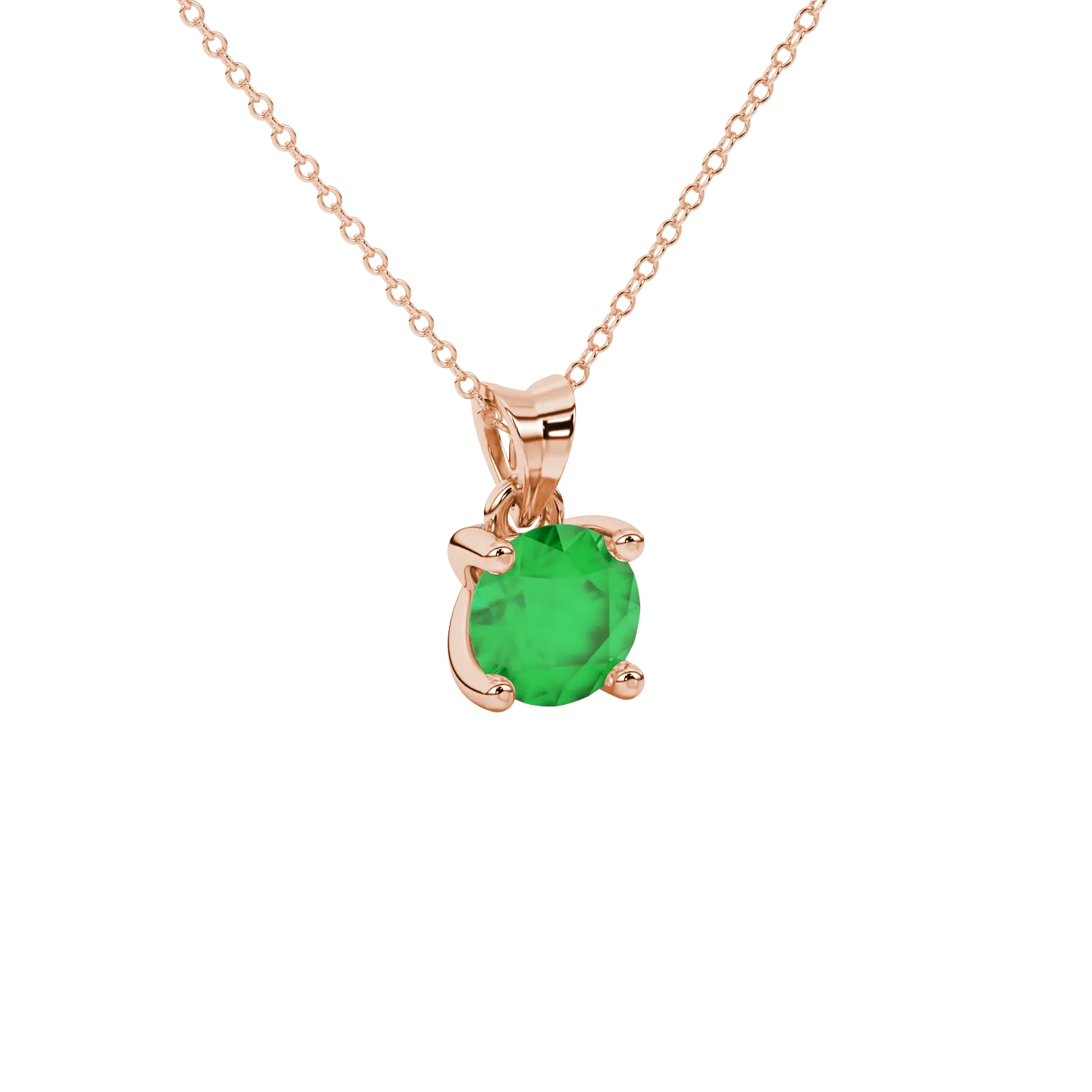 Close-up macro shot of a round emerald green gemstone pendant with a rose gold surprise diamond design.