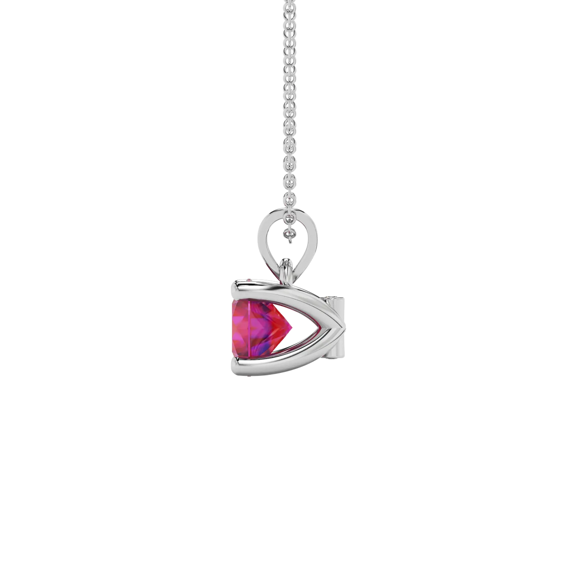 Side angle of a white gold raspberry red gemstone pendant highlighting the surprise diamond gallery.