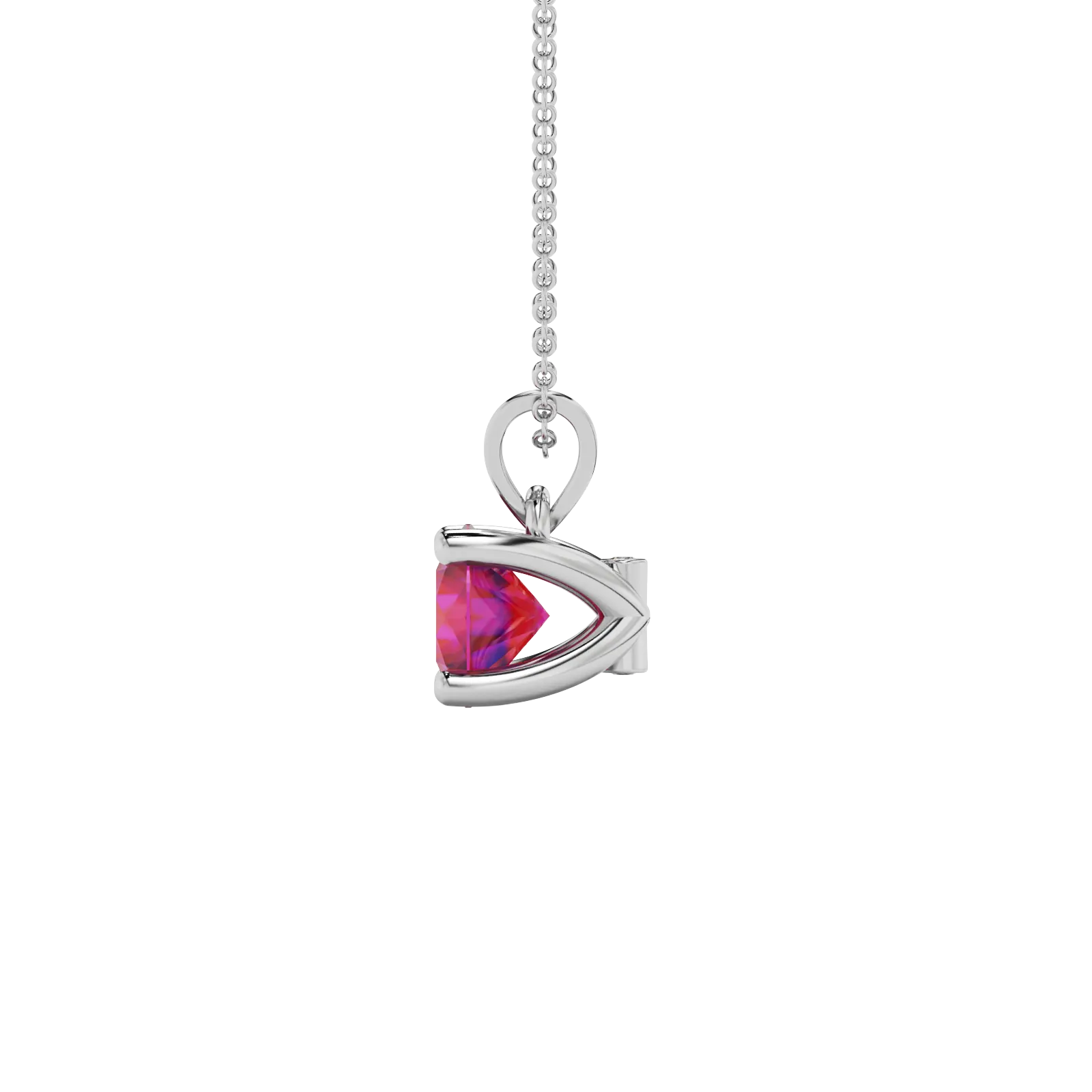 Side angle of a white gold raspberry red gemstone pendant highlighting the surprise diamond gallery.