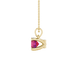 Side view of a yellow gold raspberry red gemstone pendant with a detailed surprise diamond design.