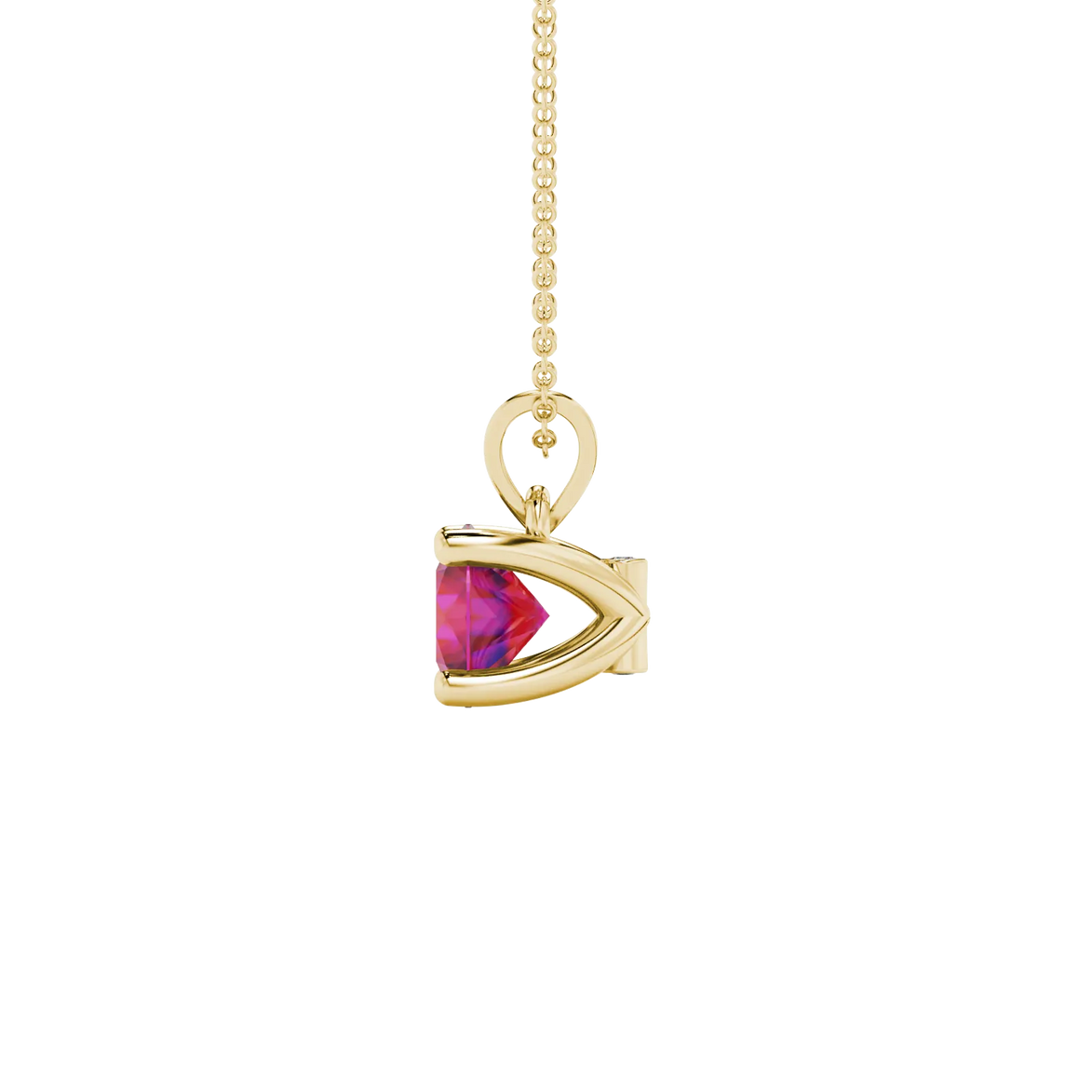 Side view of a yellow gold raspberry red gemstone pendant with a detailed surprise diamond design.