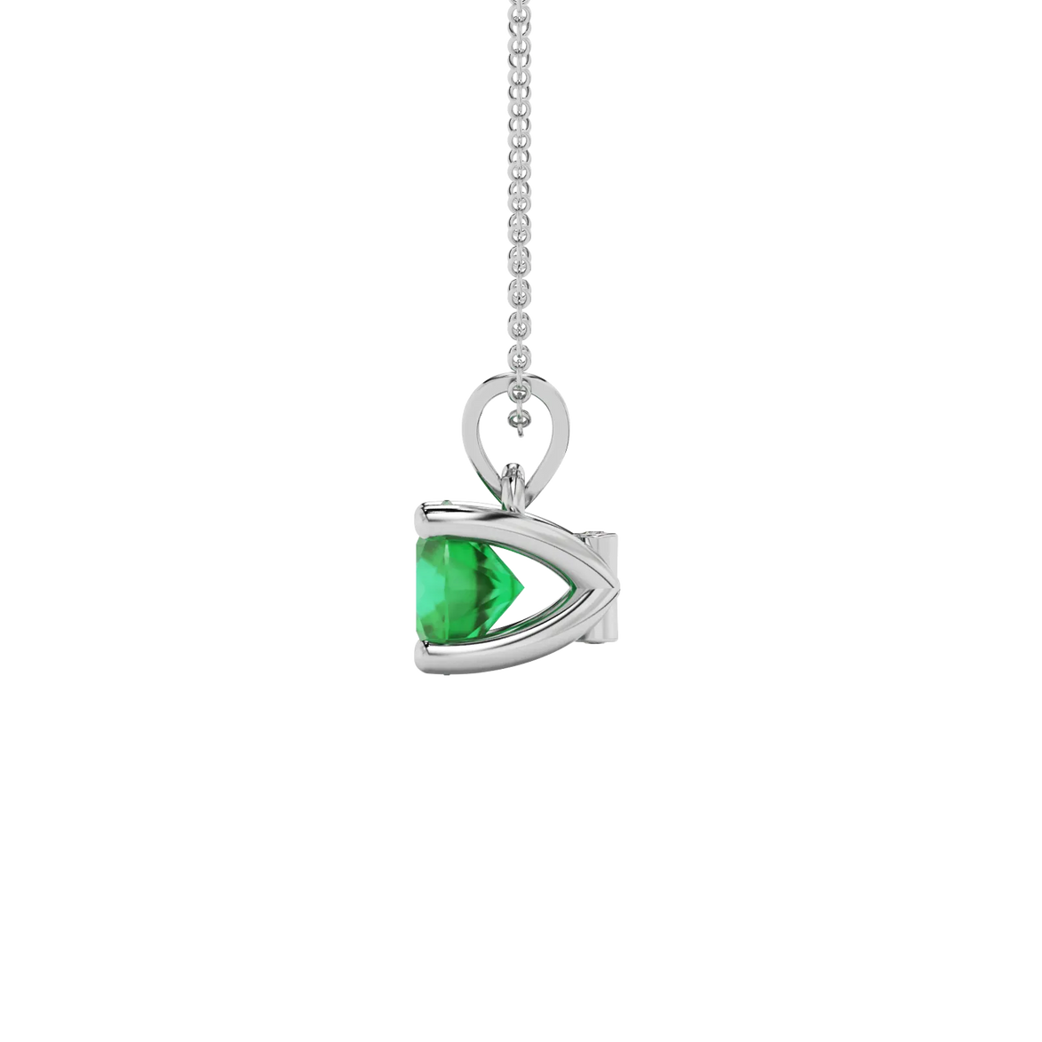 Side view of a white gold emerald green gemstone pendant featuring a clean surprise diamond gallery.