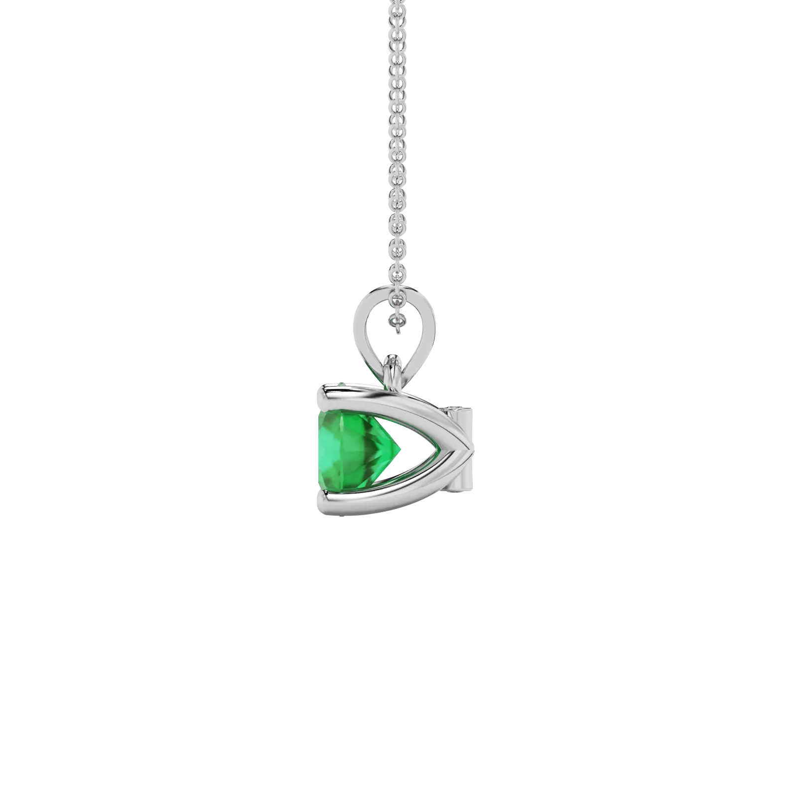 Side view of a white gold emerald green gemstone pendant featuring a clean surprise diamond gallery.