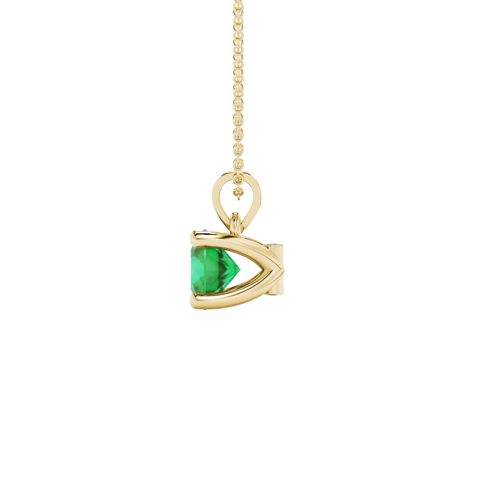 Side profile of a yellow gold emerald green gemstone pendant with a surprise diamond design.