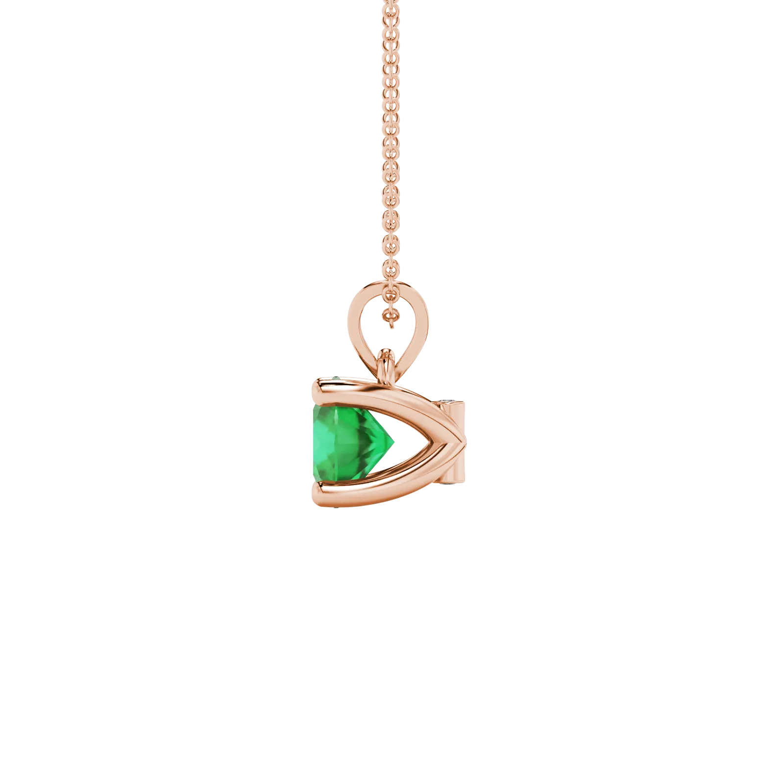 Side angle of a rose gold emerald green gemstone pendant showcasing the surprise diamond setting.