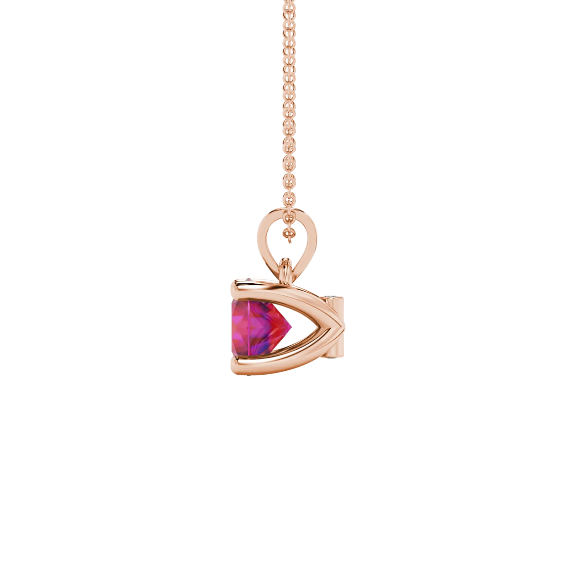 Side profile of a rose gold raspberry red gemstone pendant showcasing the hidden surprise diamond detail