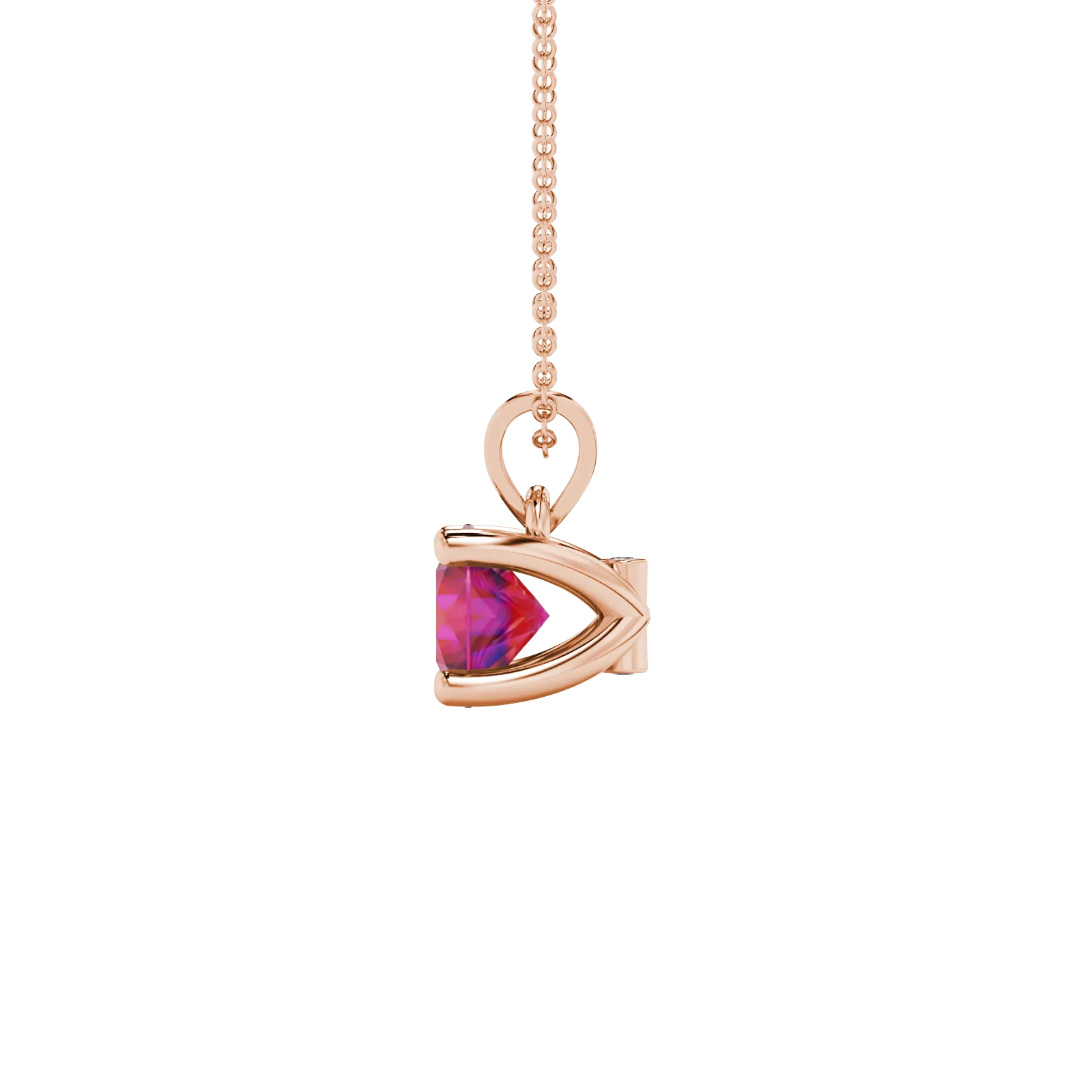 Side profile of a rose gold raspberry red gemstone pendant showcasing the hidden surprise diamond detail