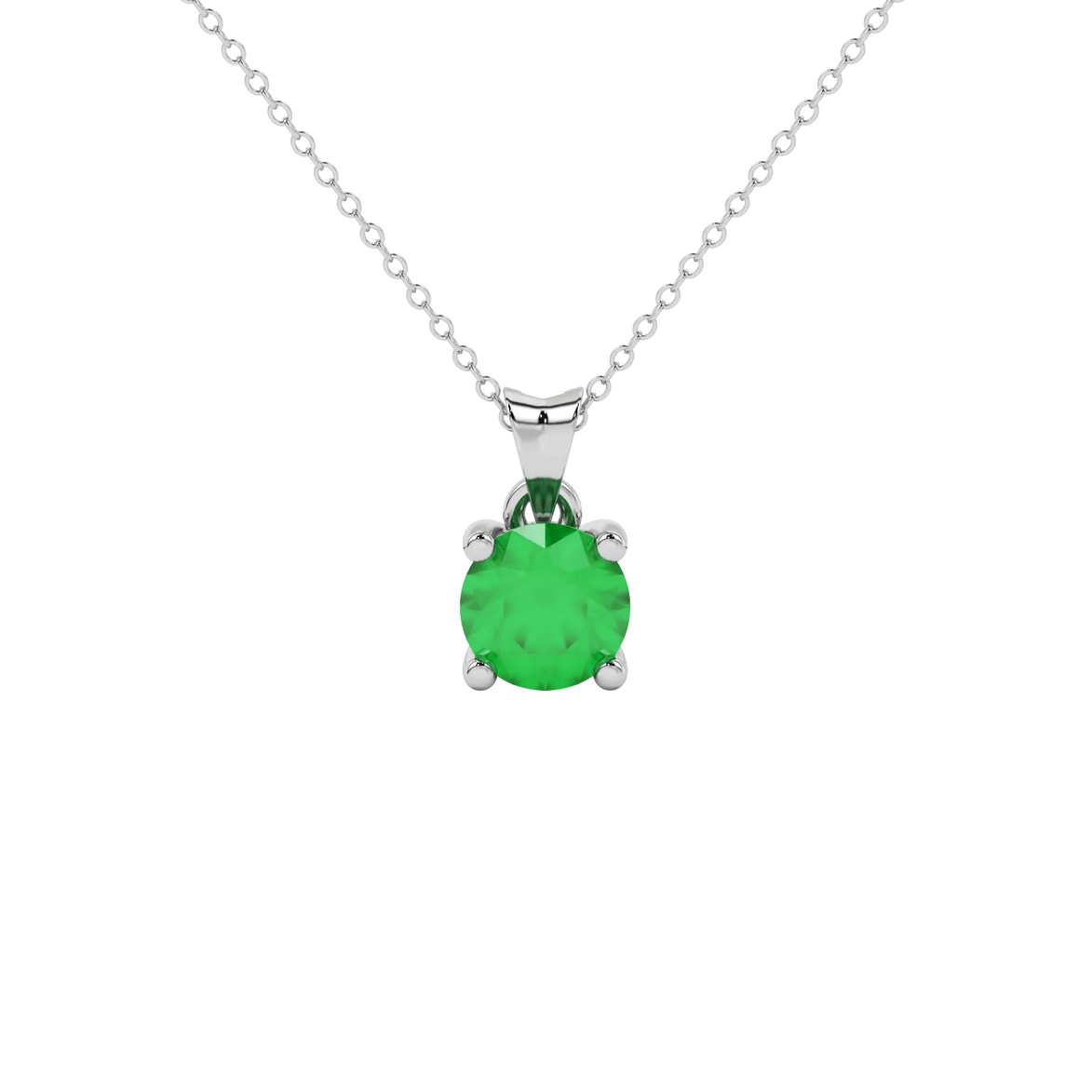 Round-cut emerald green gemstone pendant in a white gold surprise diamond setting.