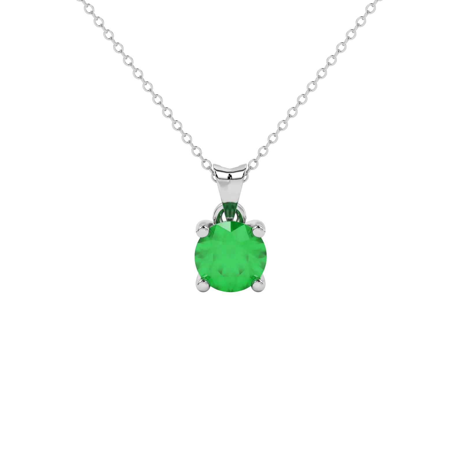Round-cut emerald green gemstone pendant in a white gold surprise diamond setting.