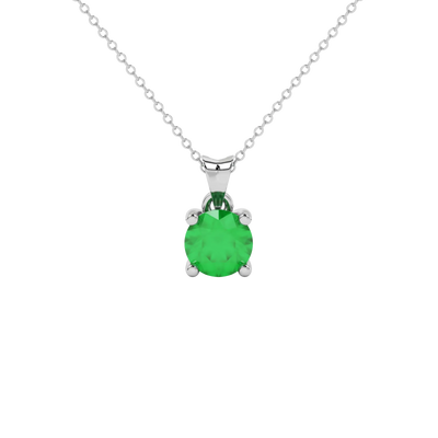 Round-cut emerald green gemstone pendant in a white gold surprise diamond setting.
