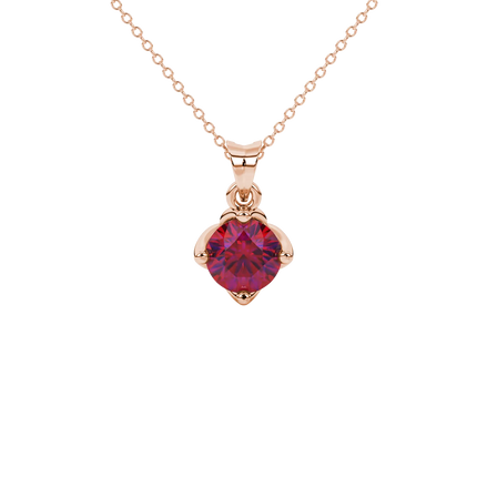 Round-cut raspberry red gemstone pendant in a rose gold tulip basket setting.