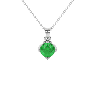 Round-cut emerald green gemstone pendant in a white gold tulip basket setting