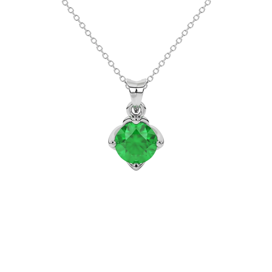 Round-cut emerald green gemstone pendant in a white gold tulip basket setting