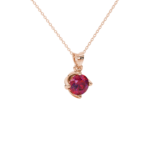 Close-up shot of a round raspberry red gemstone pendant with a rose gold tulip basket design.