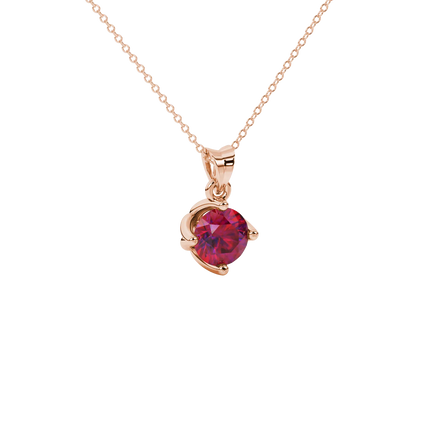 Close-up shot of a round raspberry red gemstone pendant with a rose gold tulip basket design.