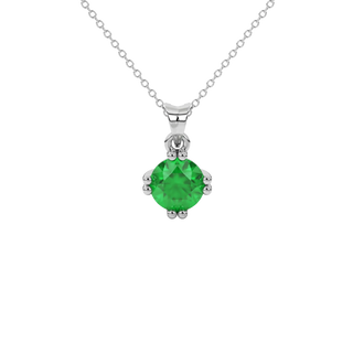 Round-cut emerald green gemstone pendant in a white gold vintage basket setting.