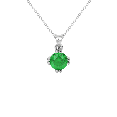 Round-cut emerald green gemstone pendant in a white gold vintage basket setting.