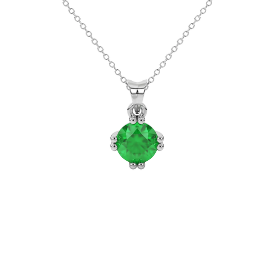 Round-cut emerald green gemstone pendant in a white gold vintage basket setting.