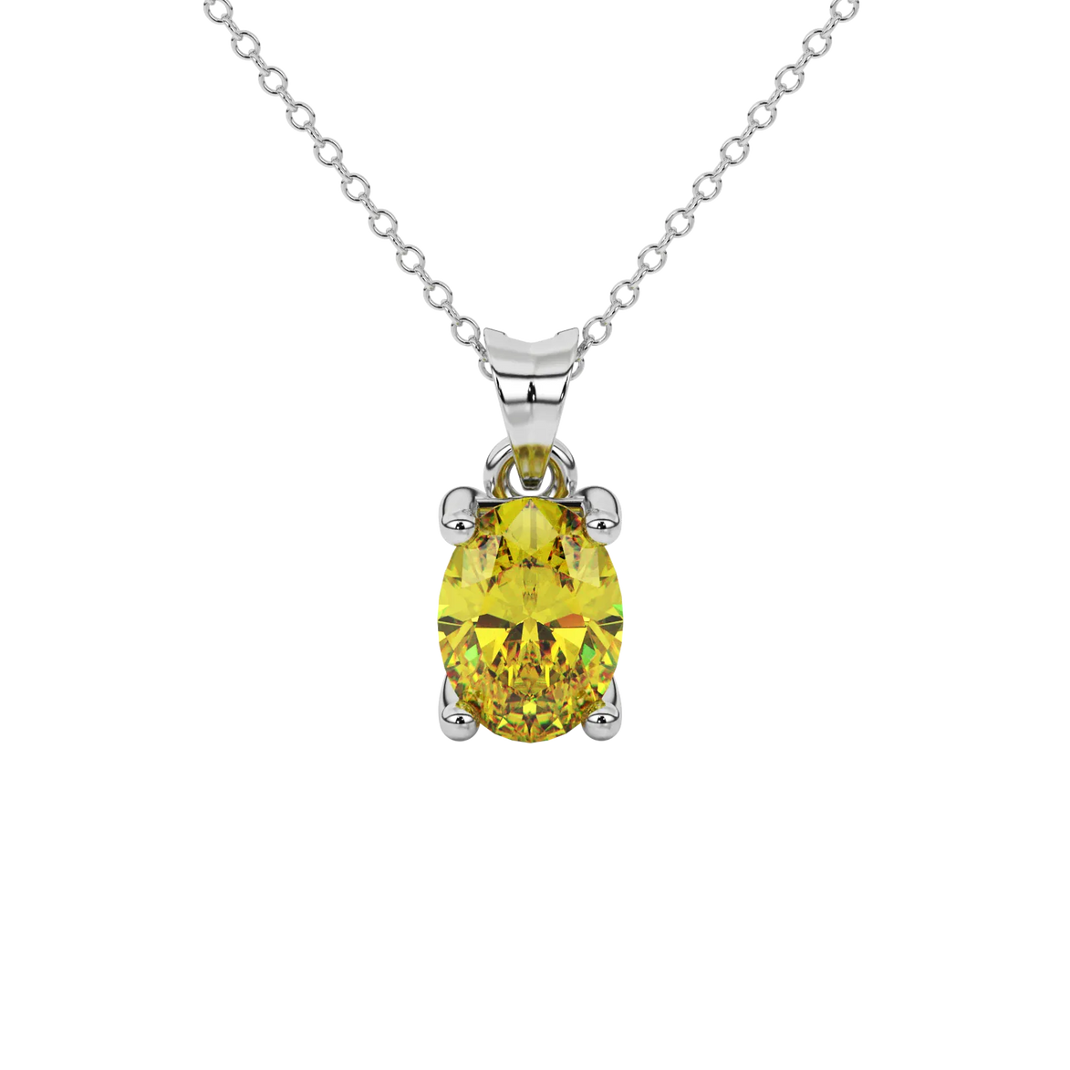 Oval cut canary yellow gemstone pendant, white gold four prong setting.