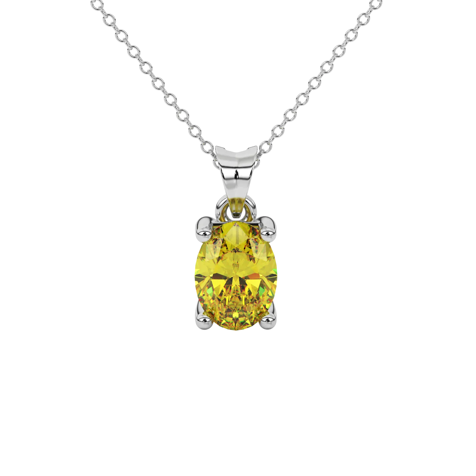 Oval cut canary yellow gemstone pendant, white gold four prong setting.