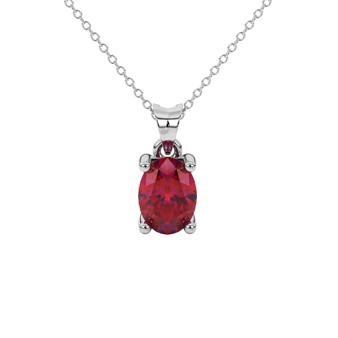 Oval cut raspberry red gemstone pendant, white gold four prong setting.