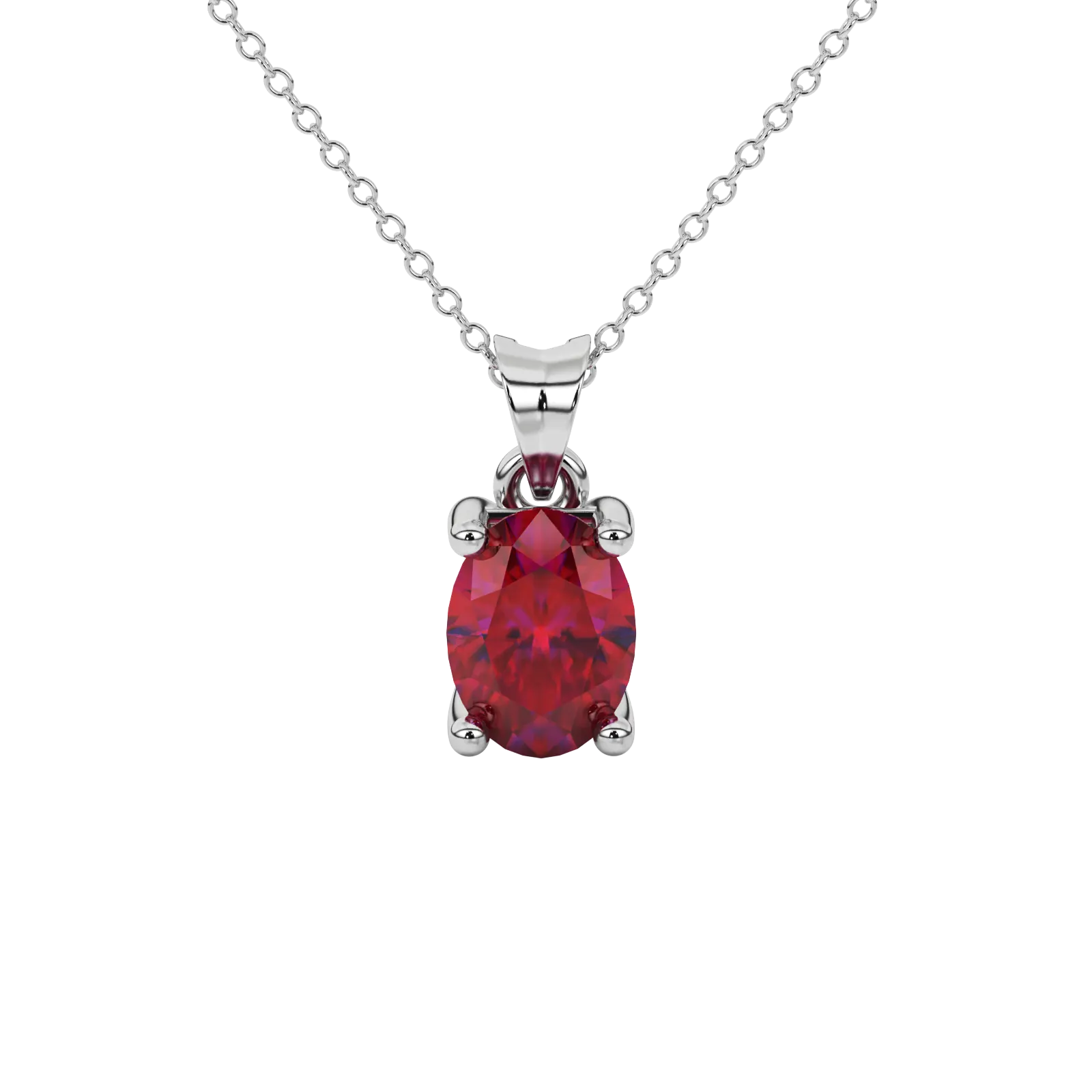 Oval cut raspberry red gemstone pendant, white gold four prong setting.
