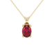 Oval cut raspberry red gemstone pendant, yellow gold four prong setting.