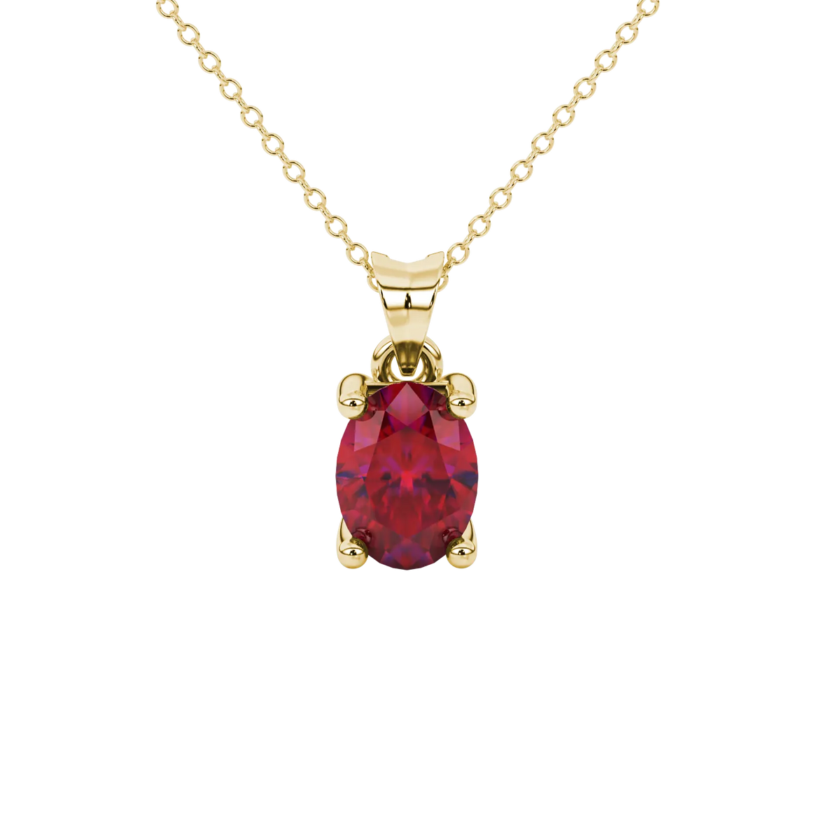 Oval cut raspberry red gemstone pendant, yellow gold four prong setting.