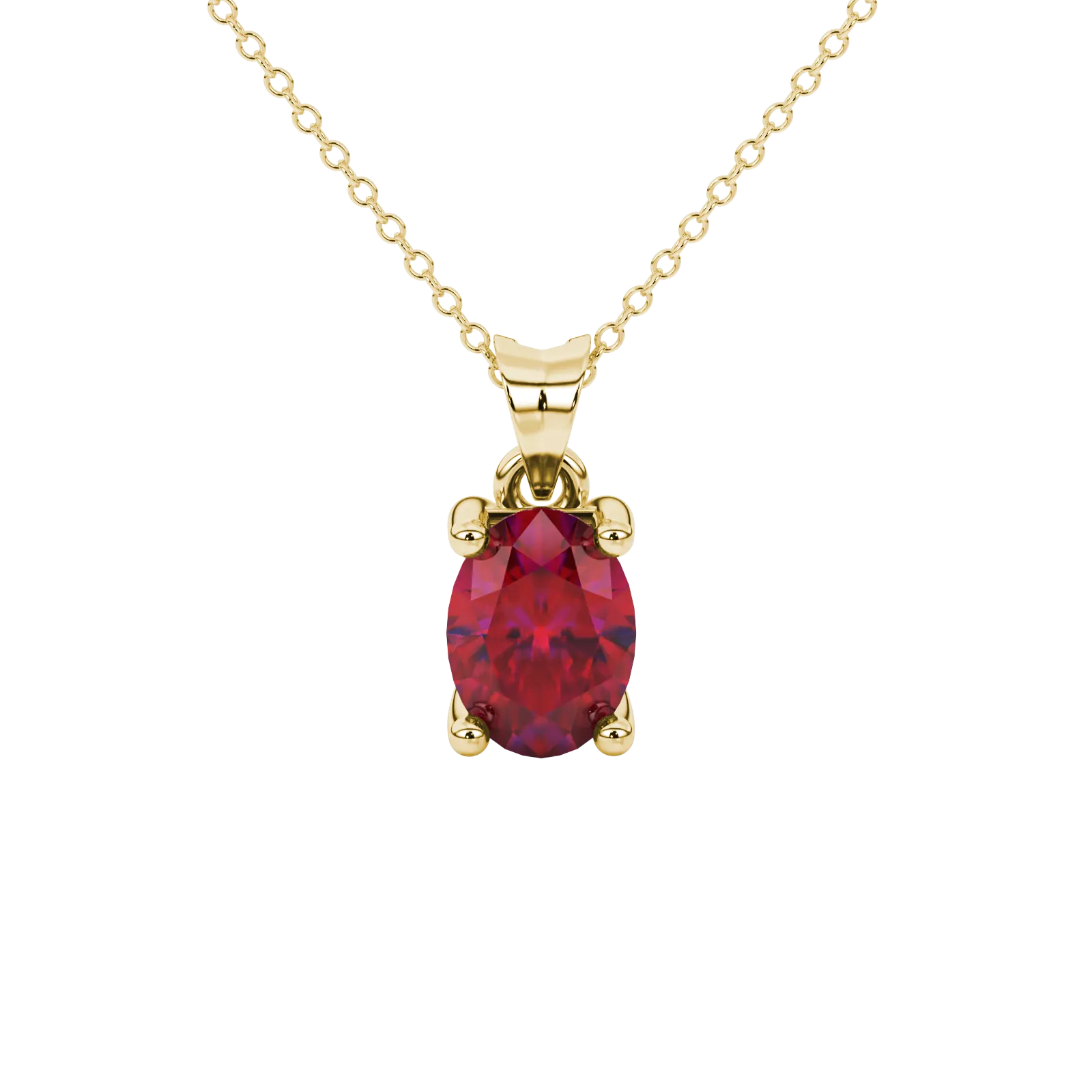 Oval cut raspberry red gemstone pendant, yellow gold four prong setting.