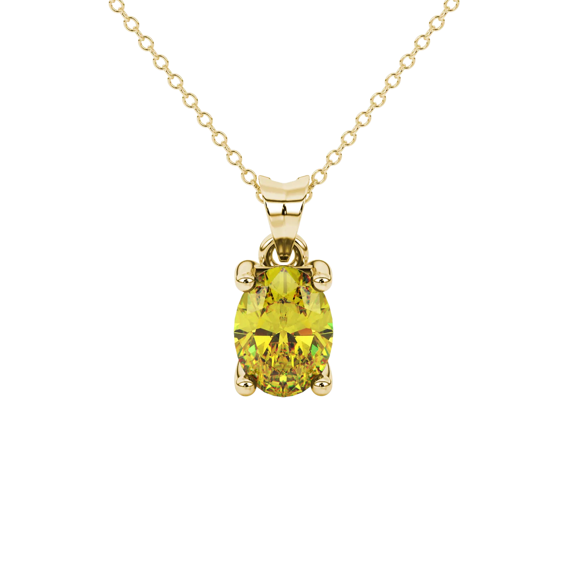 Oval cut canary yellow gemstone pendant, yellow gold four prong setting.