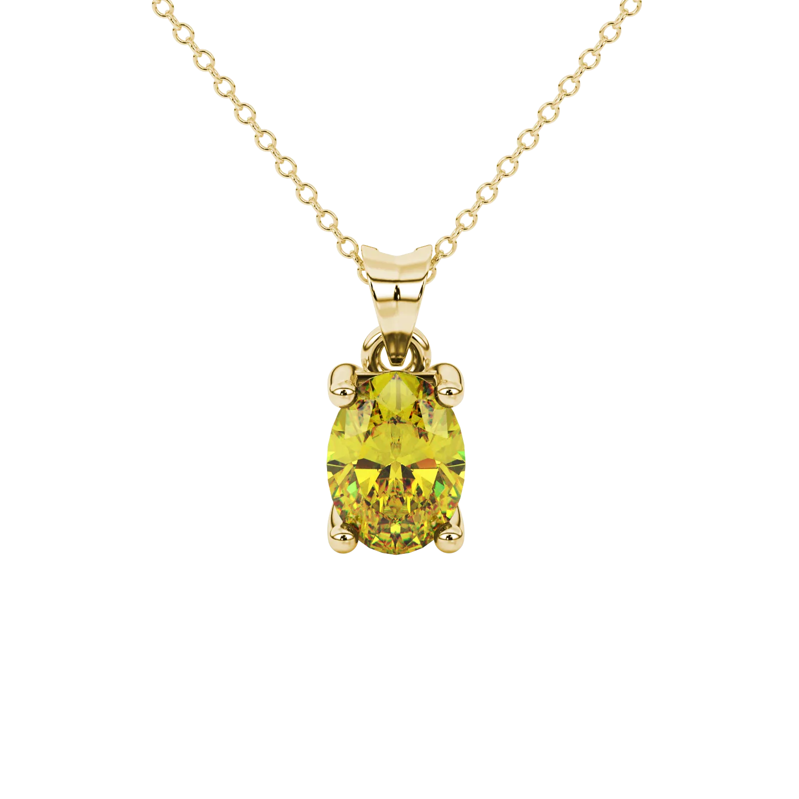 Oval cut canary yellow gemstone pendant, yellow gold four prong setting.