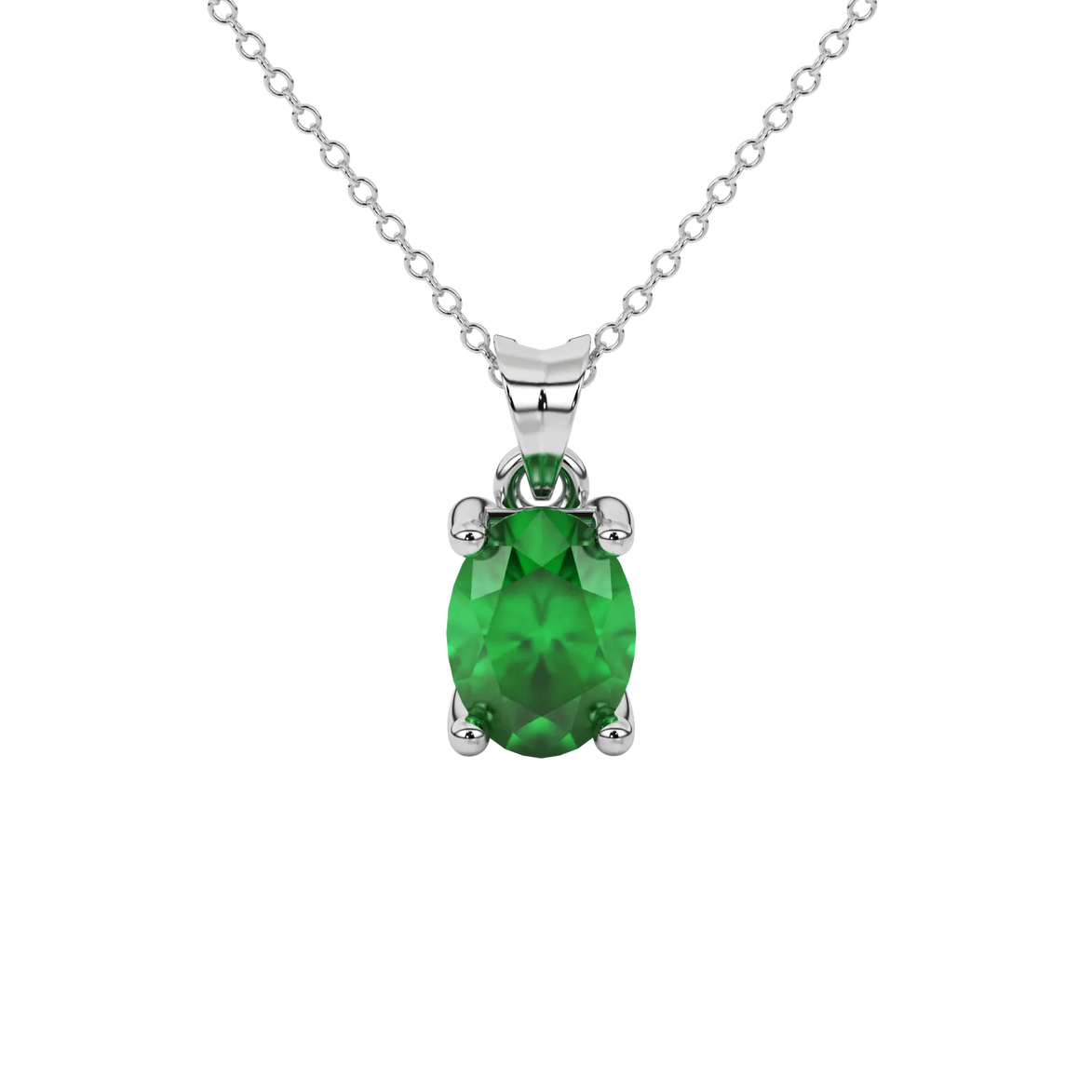 Oval cut emerald green gemstone pendant, white gold four prong setting.
