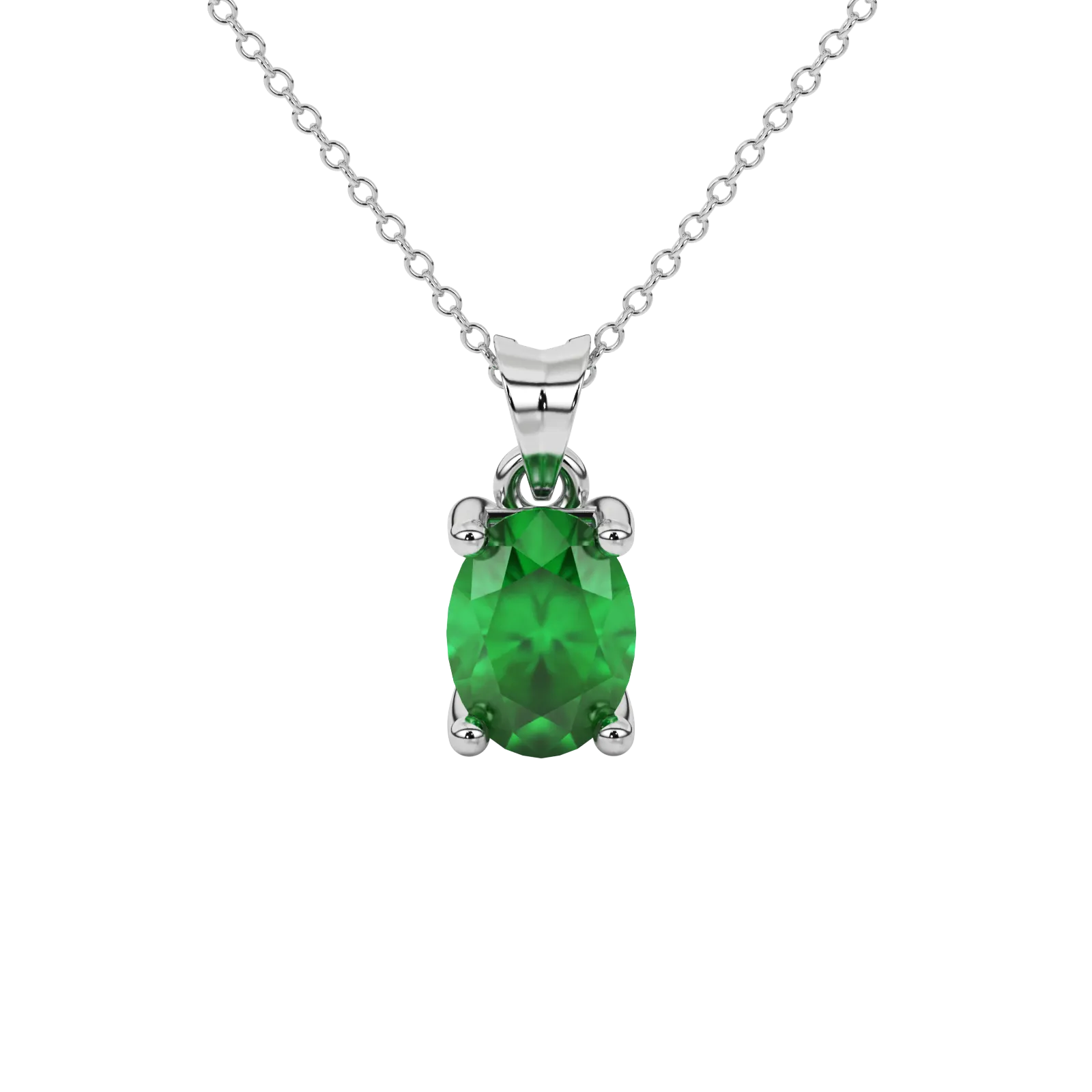 Oval cut emerald green gemstone pendant, white gold four prong setting.