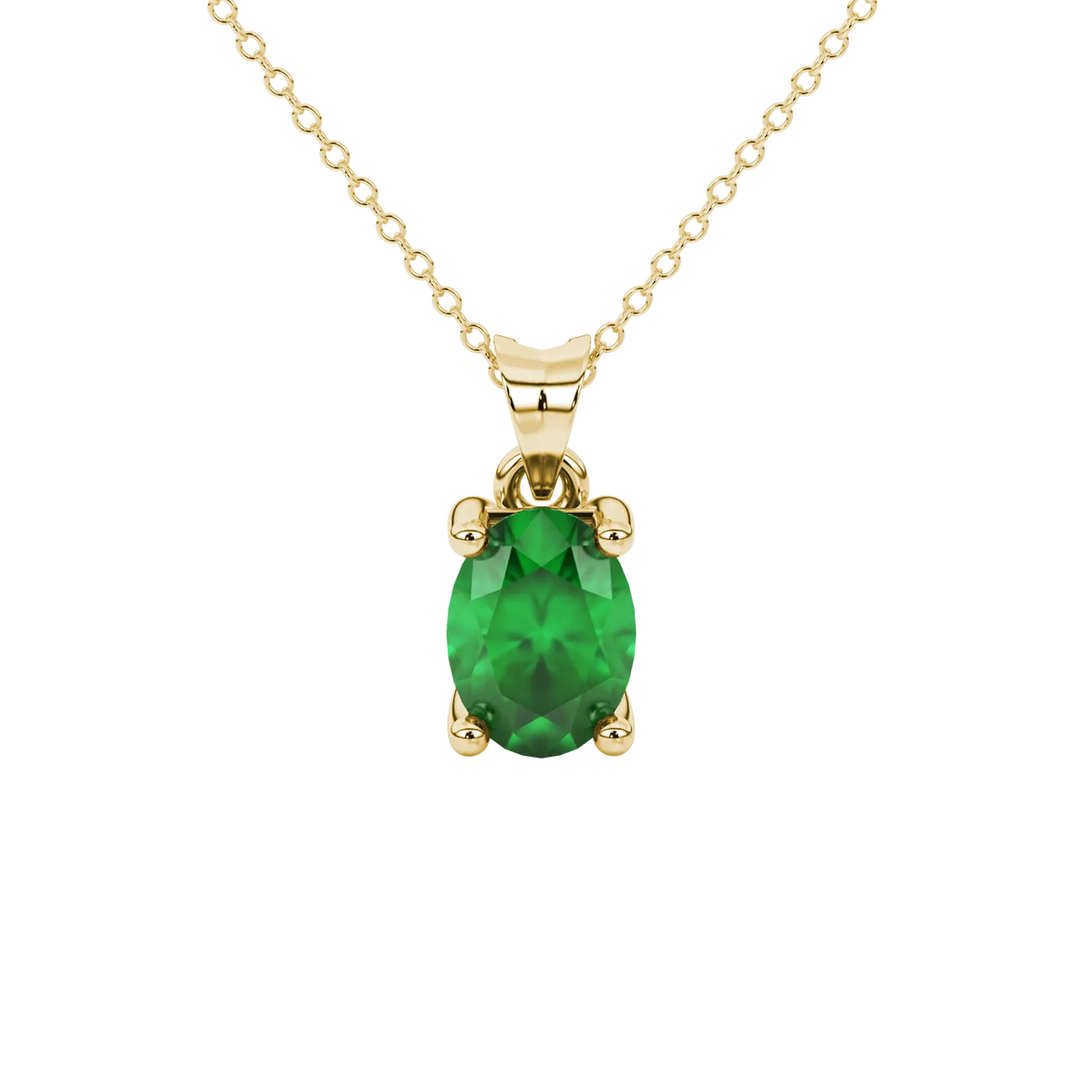 Oval cut emerald green gemstone pendant, yellow gold four prong setting.