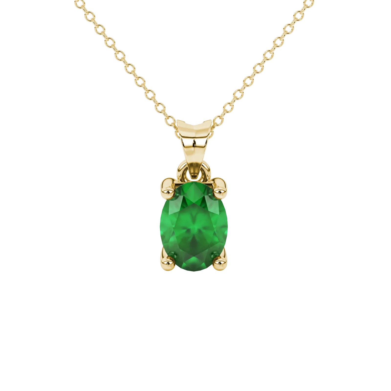 Oval cut emerald green gemstone pendant, yellow gold four prong setting.