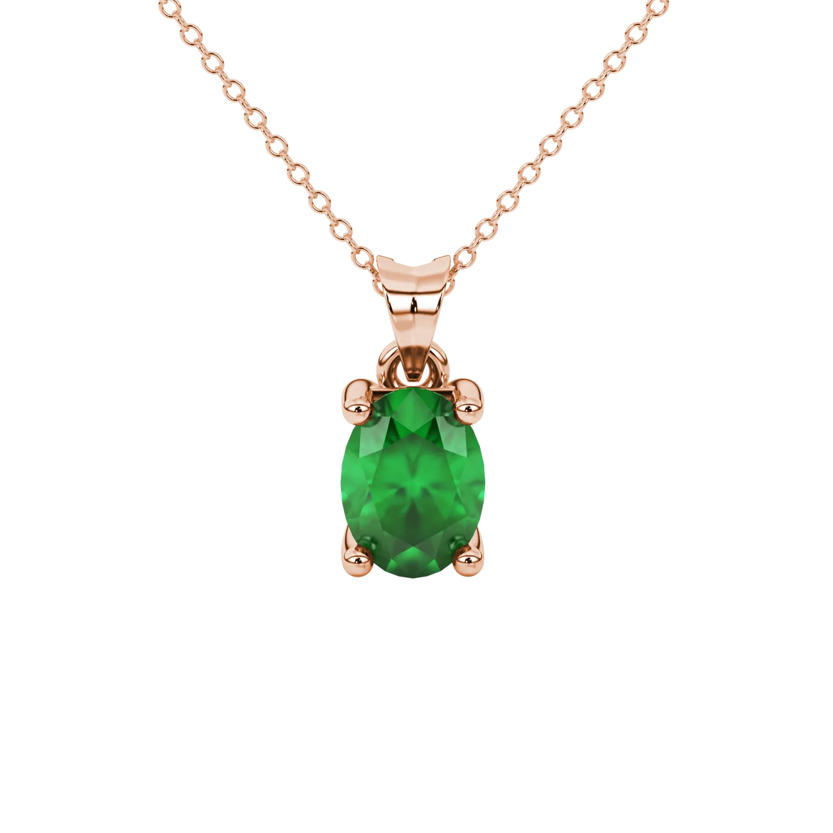 Oval cut emerald green gemstone pendant, rose gold four prong setting.