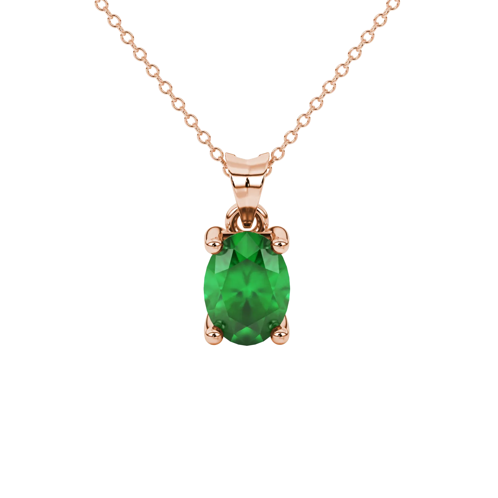 Oval cut emerald green gemstone pendant, rose gold four prong setting.