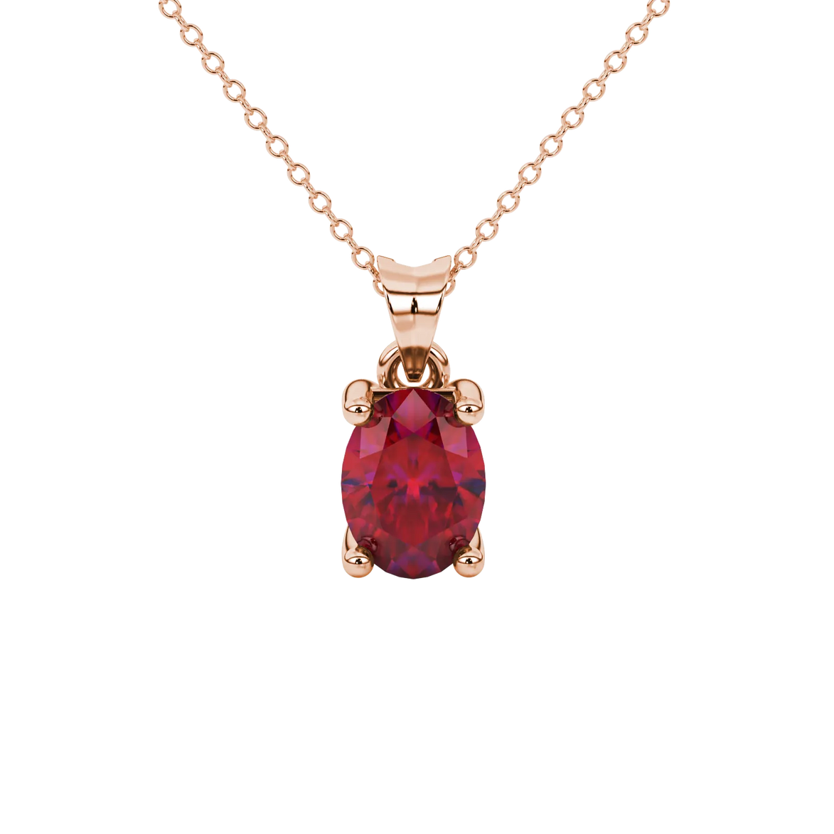 Oval cut raspberry red gemstone pendant, rose gold four prong setting.